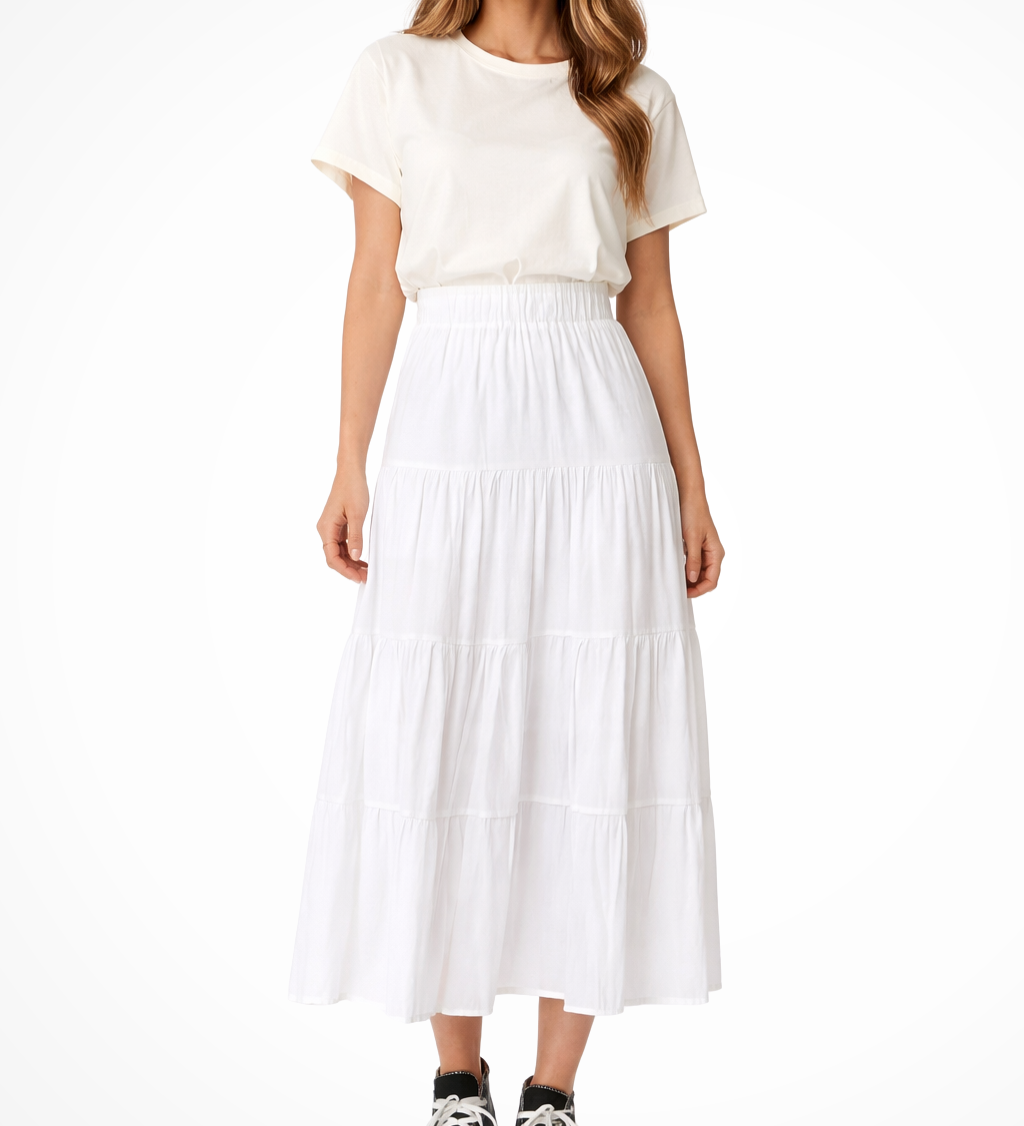Women's High-Waist Tiered Maxi Skirt with Elastic Waist – Flowy Summer Skirt