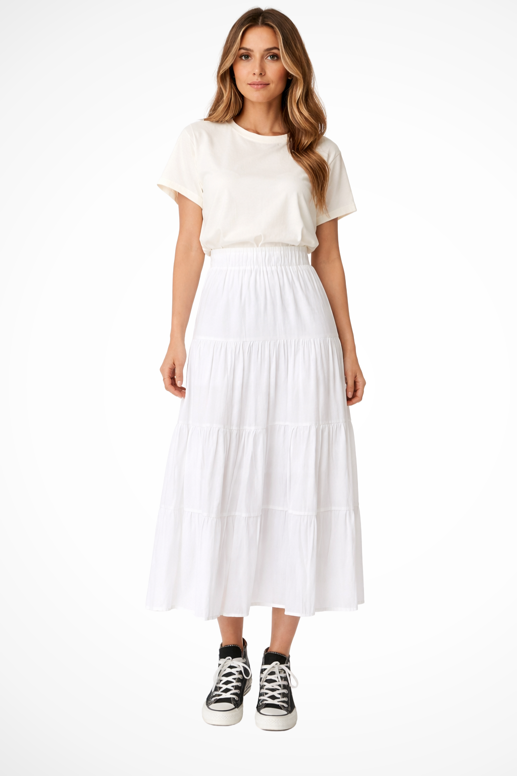 Women's High-Waist Tiered Maxi Skirt with Elastic Waist – Flowy Summer Skirt