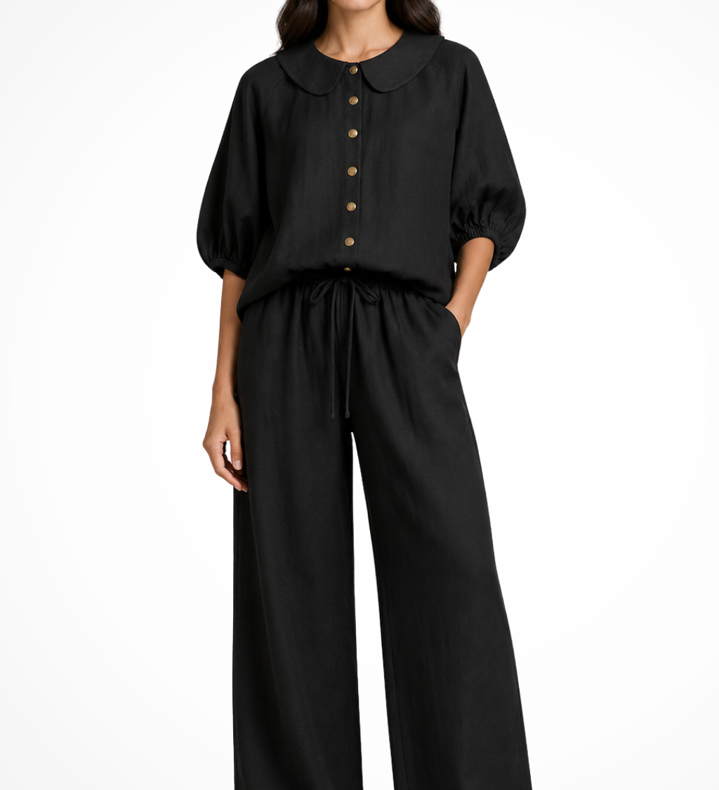 Women's Linen Co-Ord Set with Peter Pan Collar Blouse & Wide Leg Pants – Two-Piece Outfit