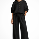 Women's Linen Co-Ord Set with Peter Pan Collar Blouse & Wide Leg Pants – Two-Piece Outfit