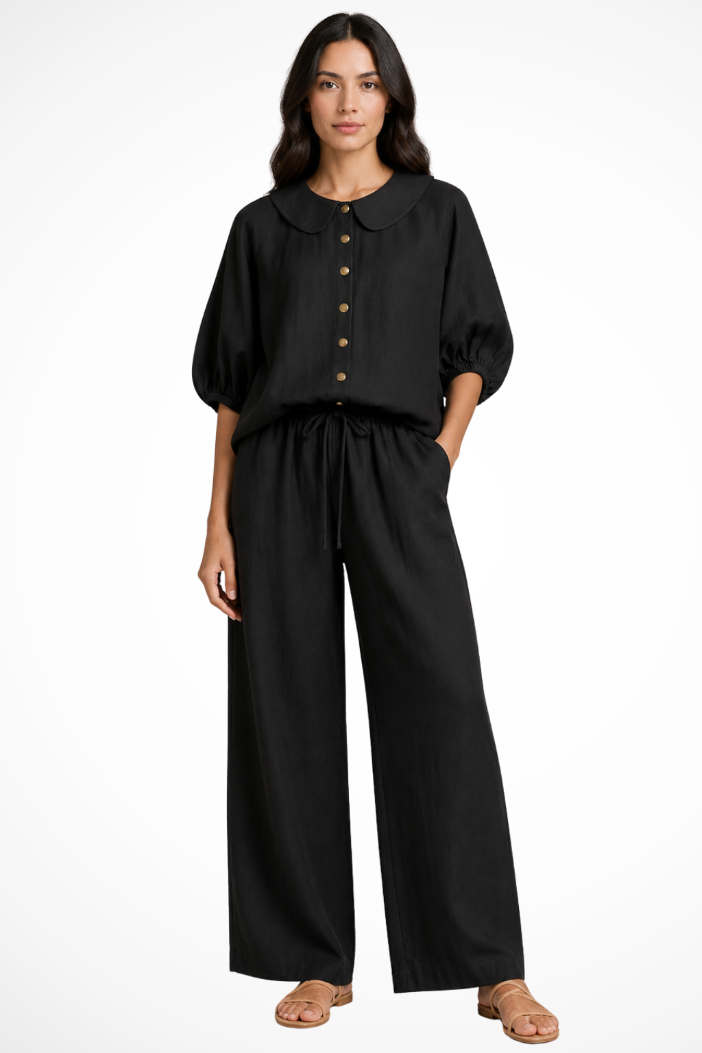 Women's Linen Co-Ord Set with Peter Pan Collar Blouse & Wide Leg Pants – Two-Piece Outfit