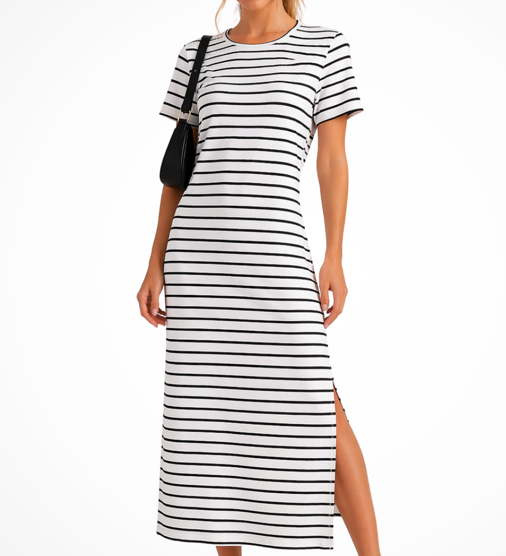 Women's Striped Midi Dress with Short Sleeves & Side Split – Casual Summer Day Dress