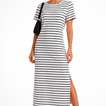 Women's Striped Midi Dress with Short Sleeves & Side Split – Casual Summer Day Dress