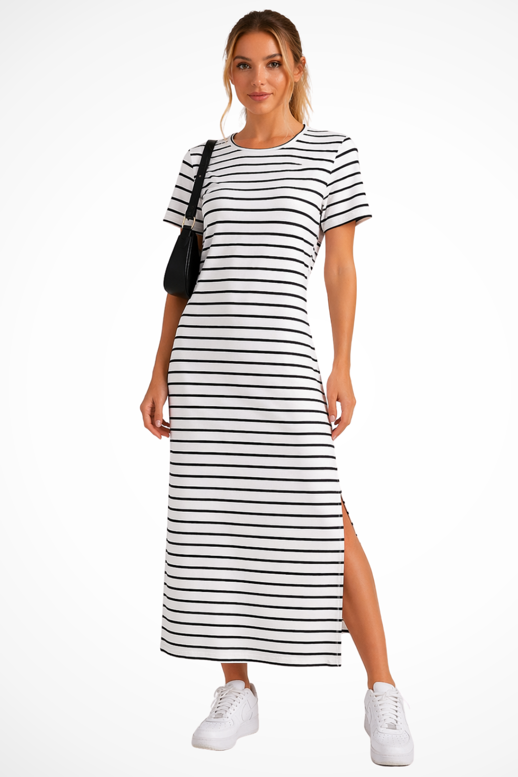 Women's Striped Midi Dress with Short Sleeves & Side Split – Casual Summer Day Dress