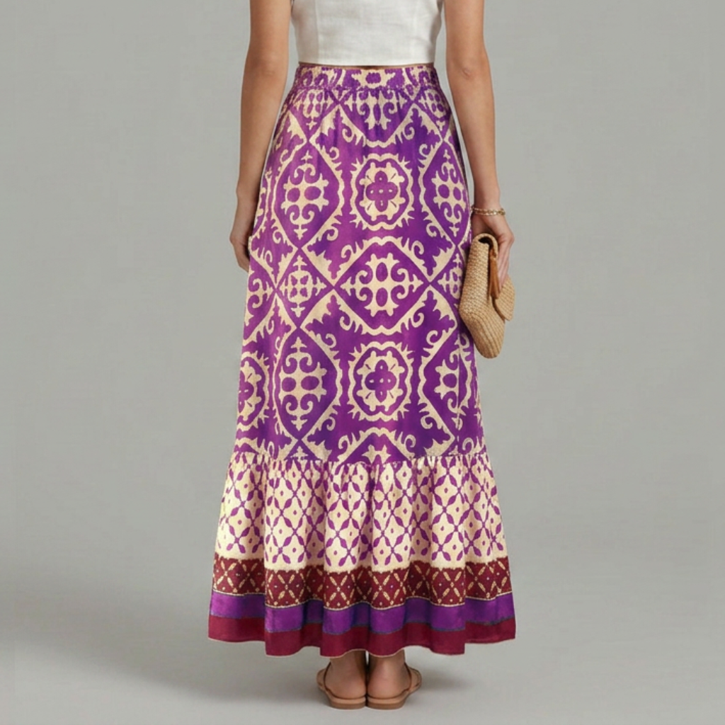 Women's Tiered Printed Maxi Skirt with Elastic High Waist – A-Line Spring Summer Skirt