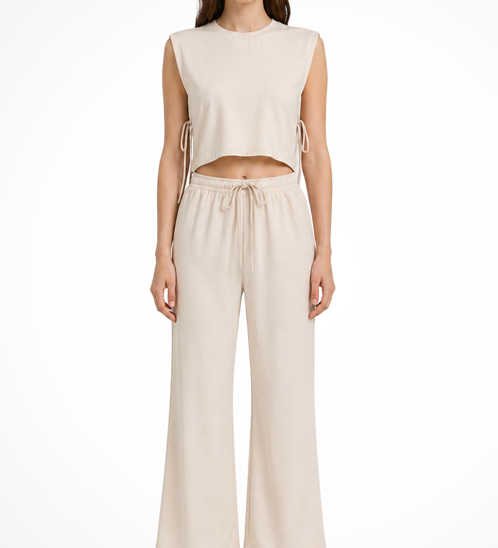 Women's Linen Two-Piece Set with Tie-Side Crop Top & Wide Leg Pants – Sleeveless Summer Co-Ord