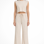 Women's Linen Two-Piece Set with Tie-Side Crop Top & Wide Leg Pants – Sleeveless Summer Co-Ord