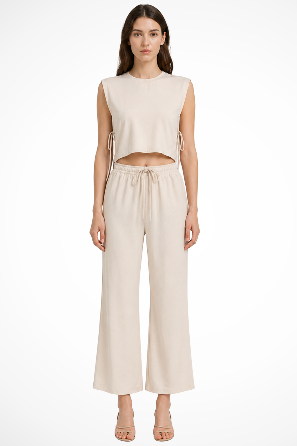 Women's Linen Two-Piece Set with Tie-Side Crop Top & Wide Leg Pants – Sleeveless Summer Co-Ord