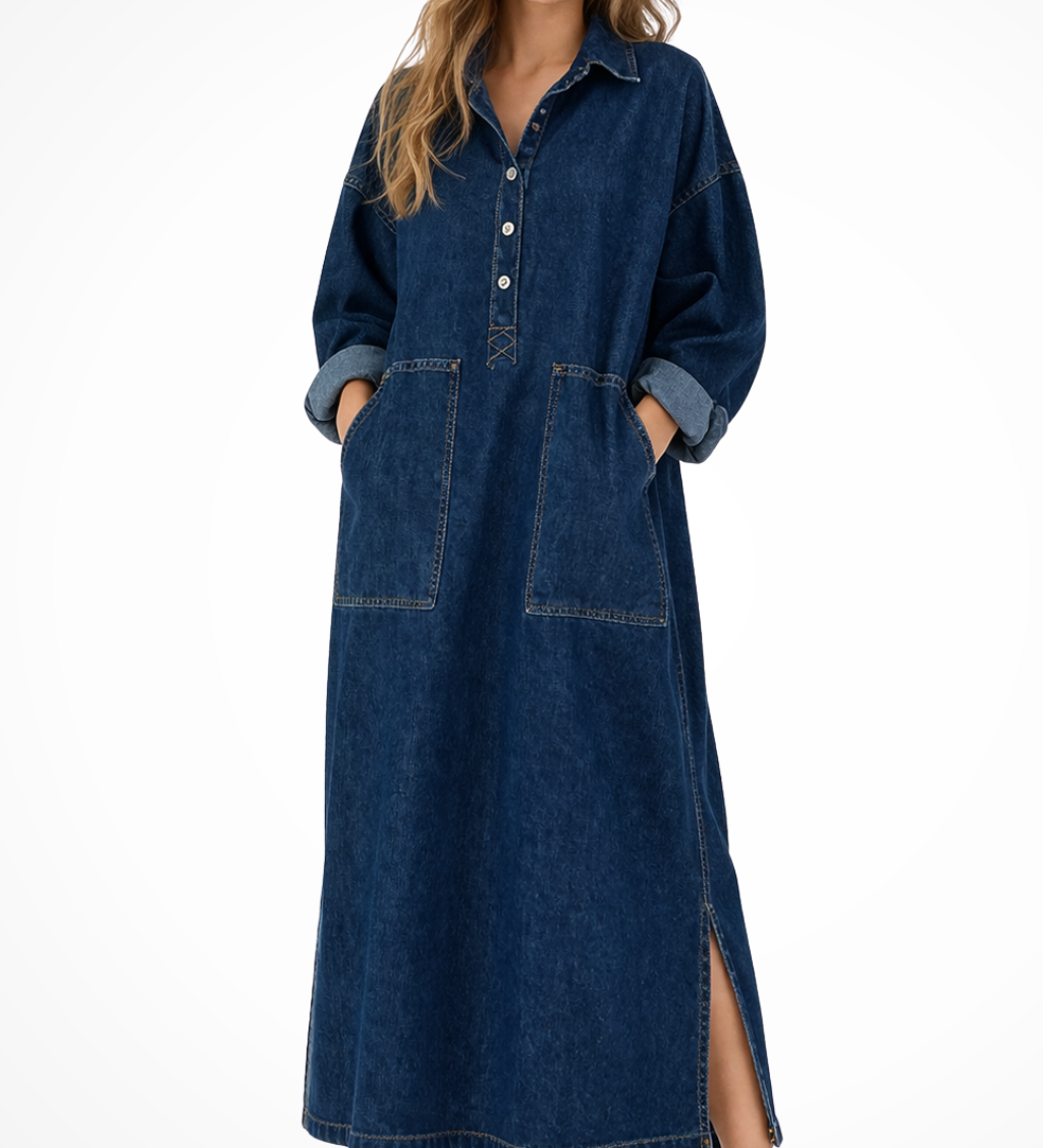 Women's Oversized Collared Denim Maxi Dress with Long Sleeves & Patch Pockets