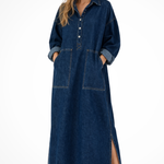Women's Oversized Collared Denim Maxi Dress with Long Sleeves & Patch Pockets