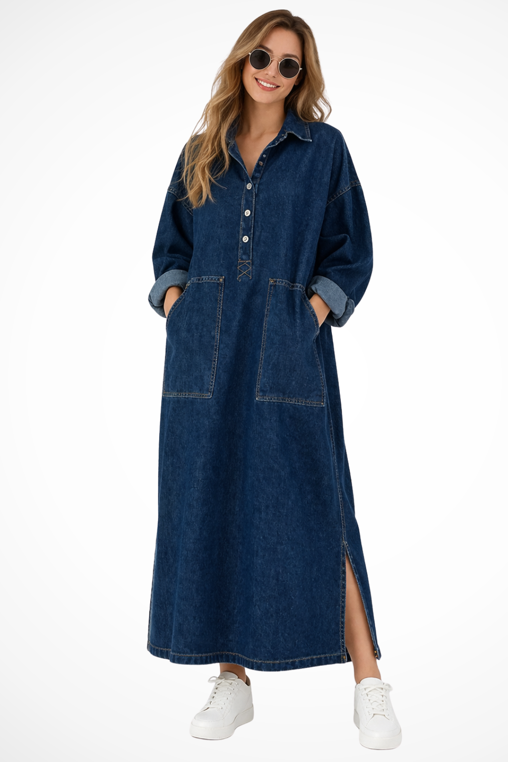 Women's Oversized Collared Denim Maxi Dress with Long Sleeves & Patch Pockets