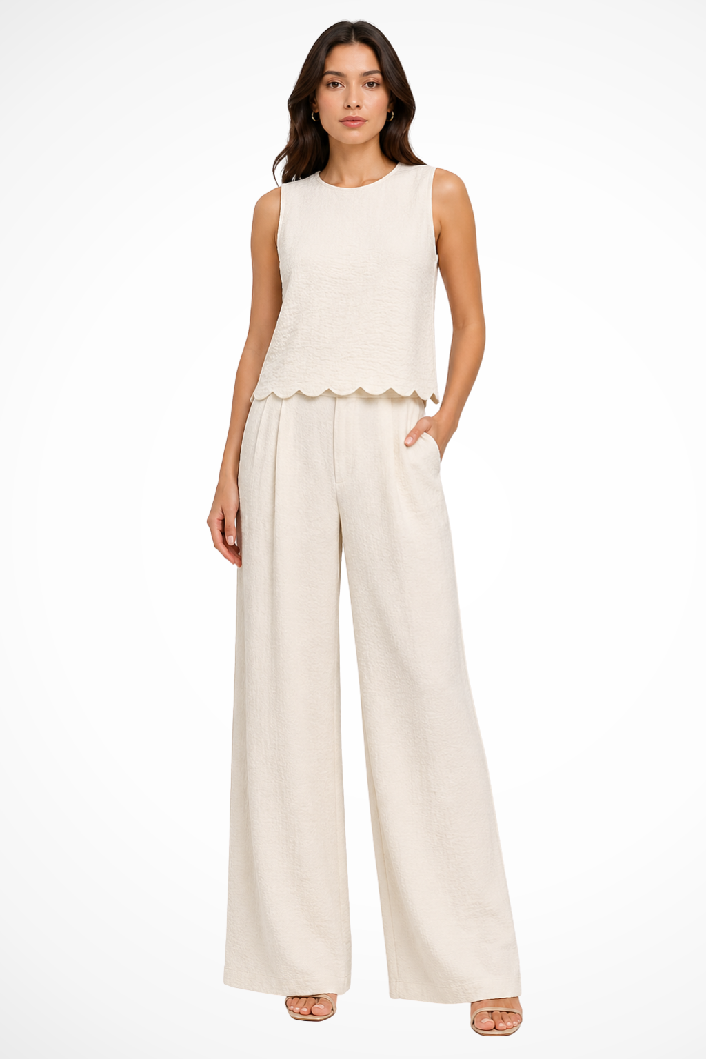 Women's Textured Scallop Hem Tie Back Top and Wide Leg Pants Set – Sleeveless Co-ord