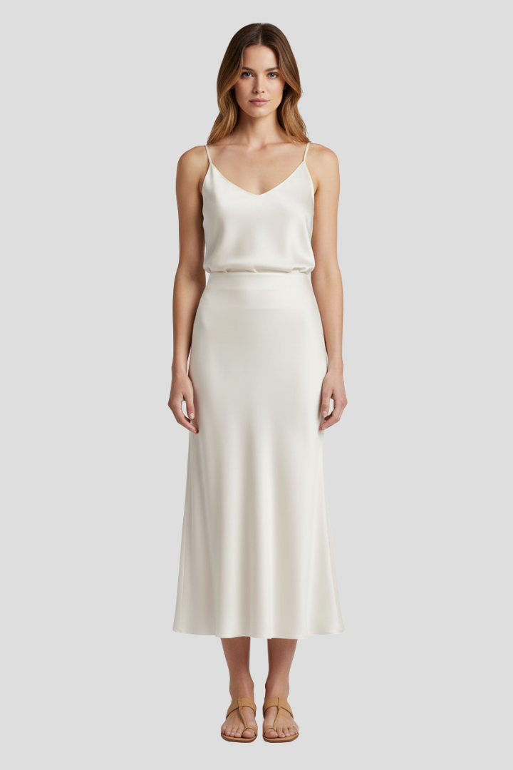 Women's High Waisted Satin-Look Midi Skirt with Draped Cut – Lined White Occasion Skirt
