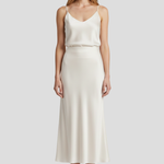 Women's High Waisted Satin-Look Midi Skirt with Draped Cut – Lined White Occasion Skirt