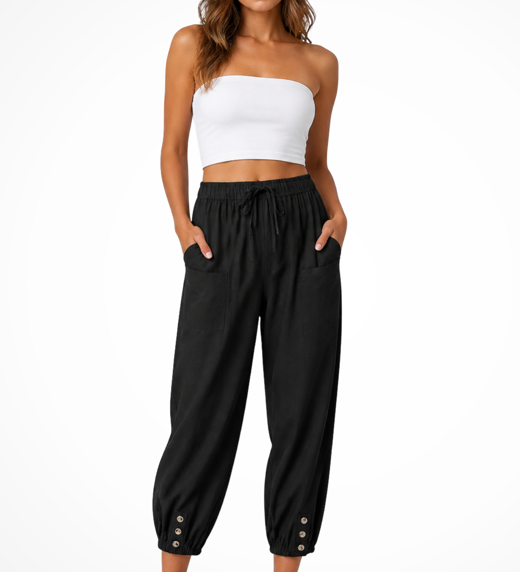 Women's Linen Cropped Pants with Drawstring Waist & Button Hem – Summer Pants for Holidays