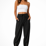 Women's Linen Cropped Pants with Drawstring Waist & Button Hem – Summer Pants for Holidays