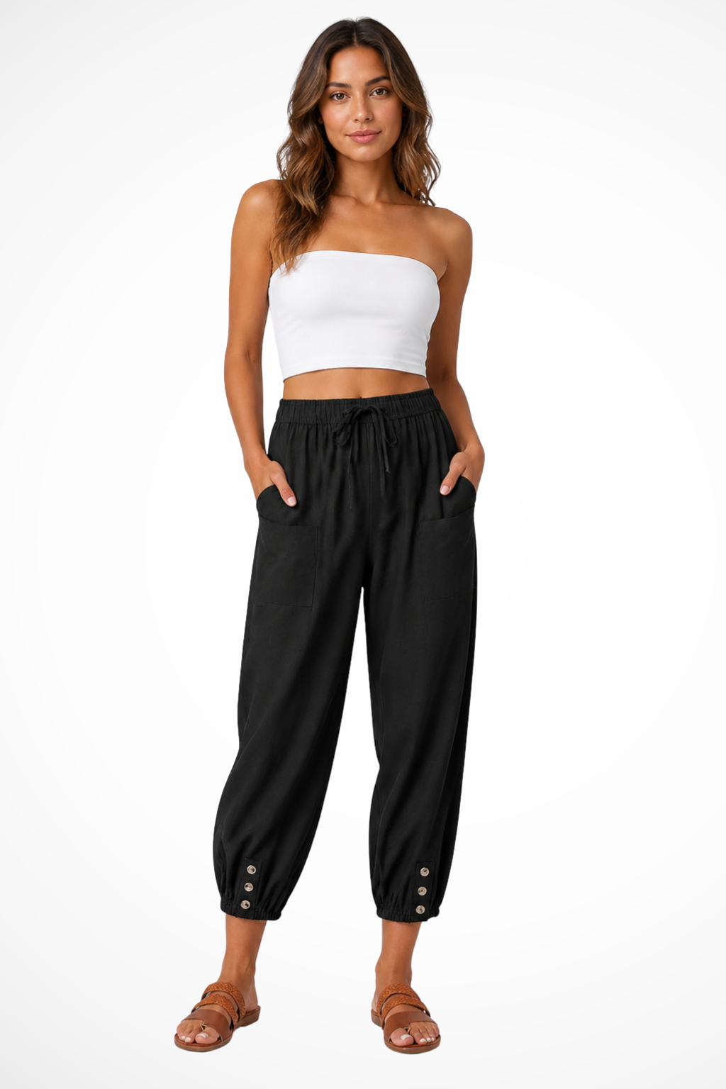 Women's Linen Cropped Pants with Drawstring Waist & Button Hem – Summer Pants for Holidays