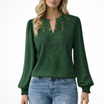 Women's Lace Applique V Neck Blouse with Balloon Sleeves – Dobby Chiffon Occasion Top