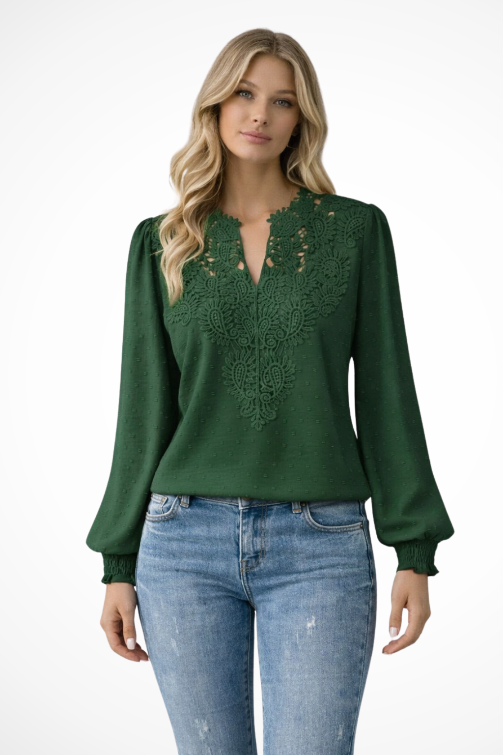 Women's Lace Applique V Neck Blouse with Balloon Sleeves – Dobby Chiffon Occasion Top