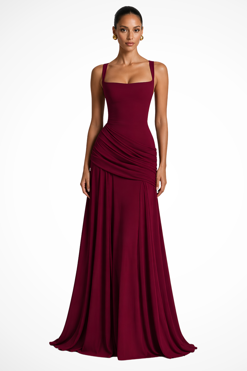 Women's Square Neck Ruched Maxi Dress with Side Split – Wedding Guest & Formal Occasion Dress