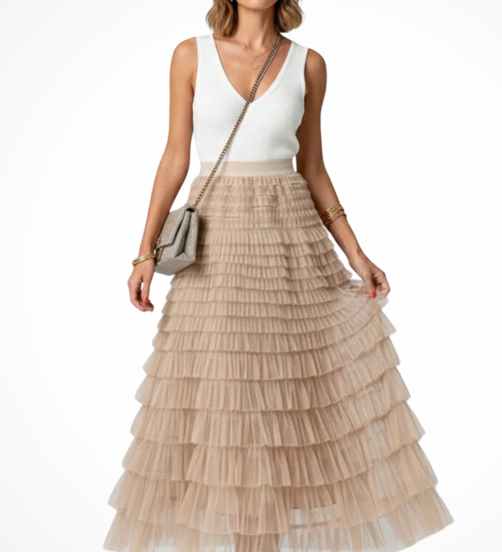 Women's Layered Tulle Tiered Midi Skirt – High Waist Flared Skirt for Occasions