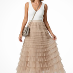 Women's Layered Tulle Tiered Midi Skirt – High Waist Flared Skirt for Occasions