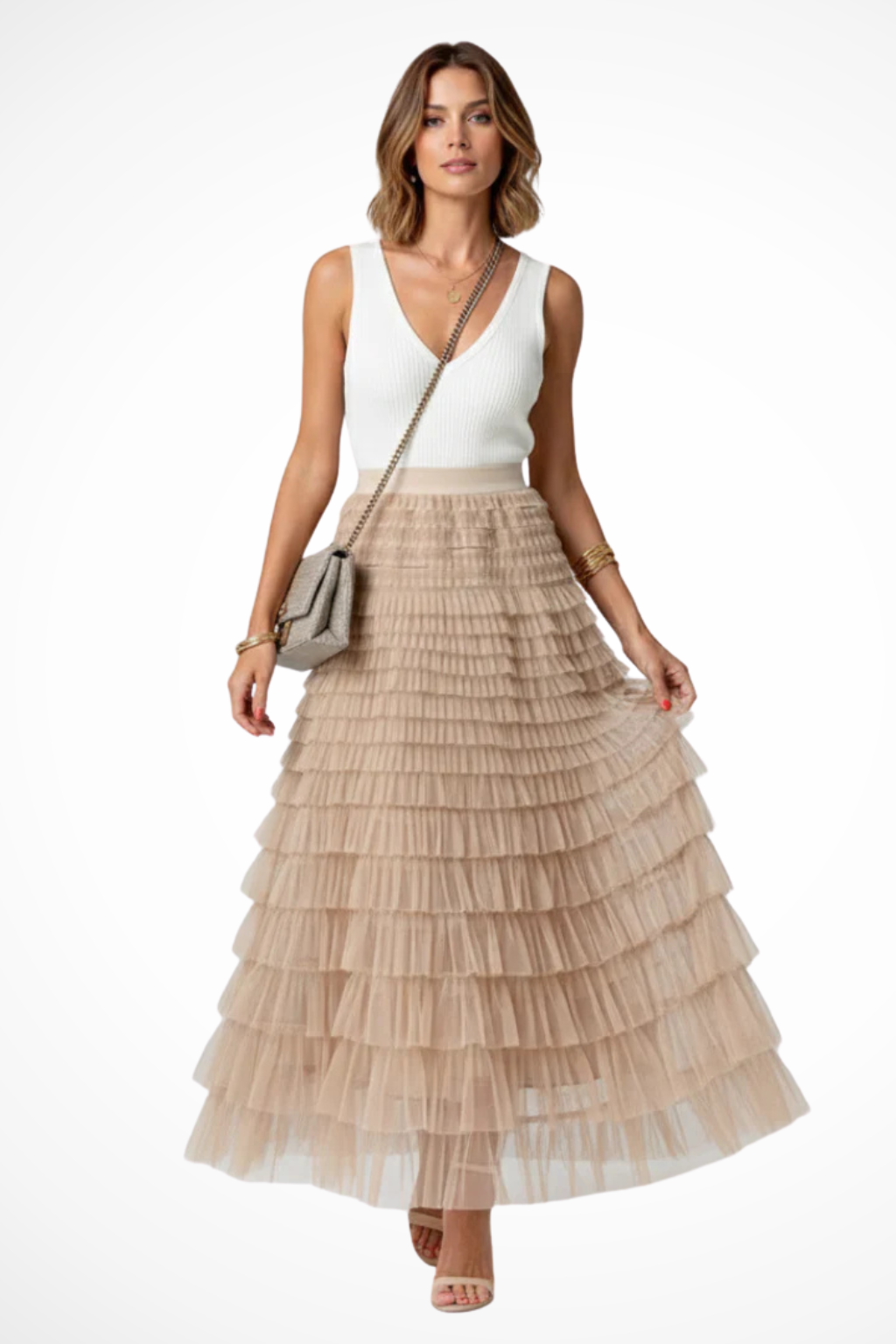 Women's Layered Tulle Tiered Midi Skirt – High Waist Flared Skirt for Occasions