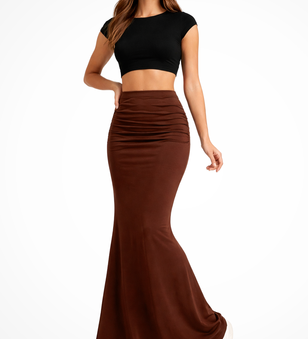 Women's High Waisted Ruched Mermaid Maxi Skirt – Fitted Occasion Skirt for Events