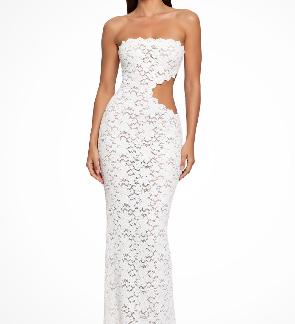 Women's White Lace Strapless Maxi Dress with Cut-Out Detail – Summer Occasion & Event Dress