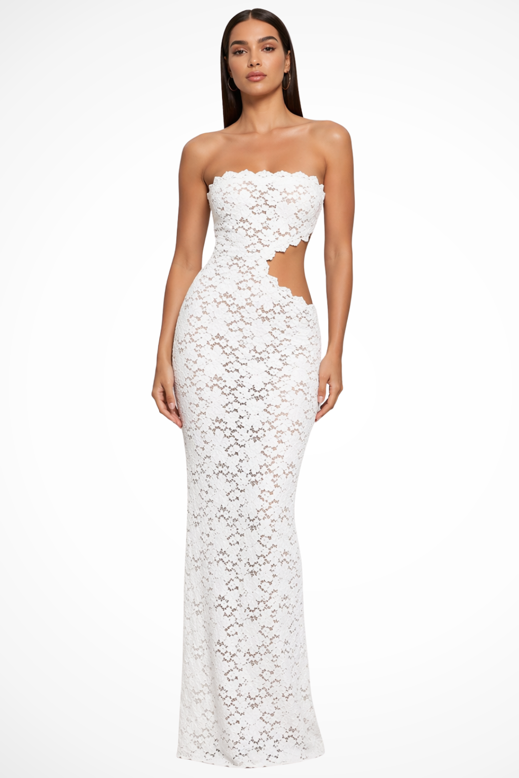 Women's White Lace Strapless Maxi Dress with Cut-Out Detail – Summer Occasion & Event Dress