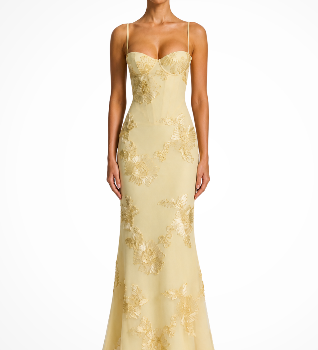 Women's Floral Embroidered Corset Maxi Dress with Cami Straps – Wedding Guest & Formal Dress