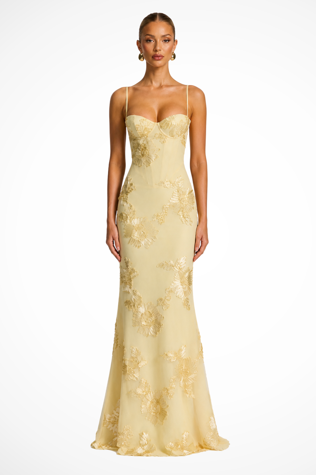 Women's Floral Embroidered Corset Maxi Dress with Cami Straps – Wedding Guest & Formal Dress