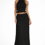 Women's Ruched Halter Crop Top and Maxi Skirt Set – Two-Piece Summer Co-Ord Outfit