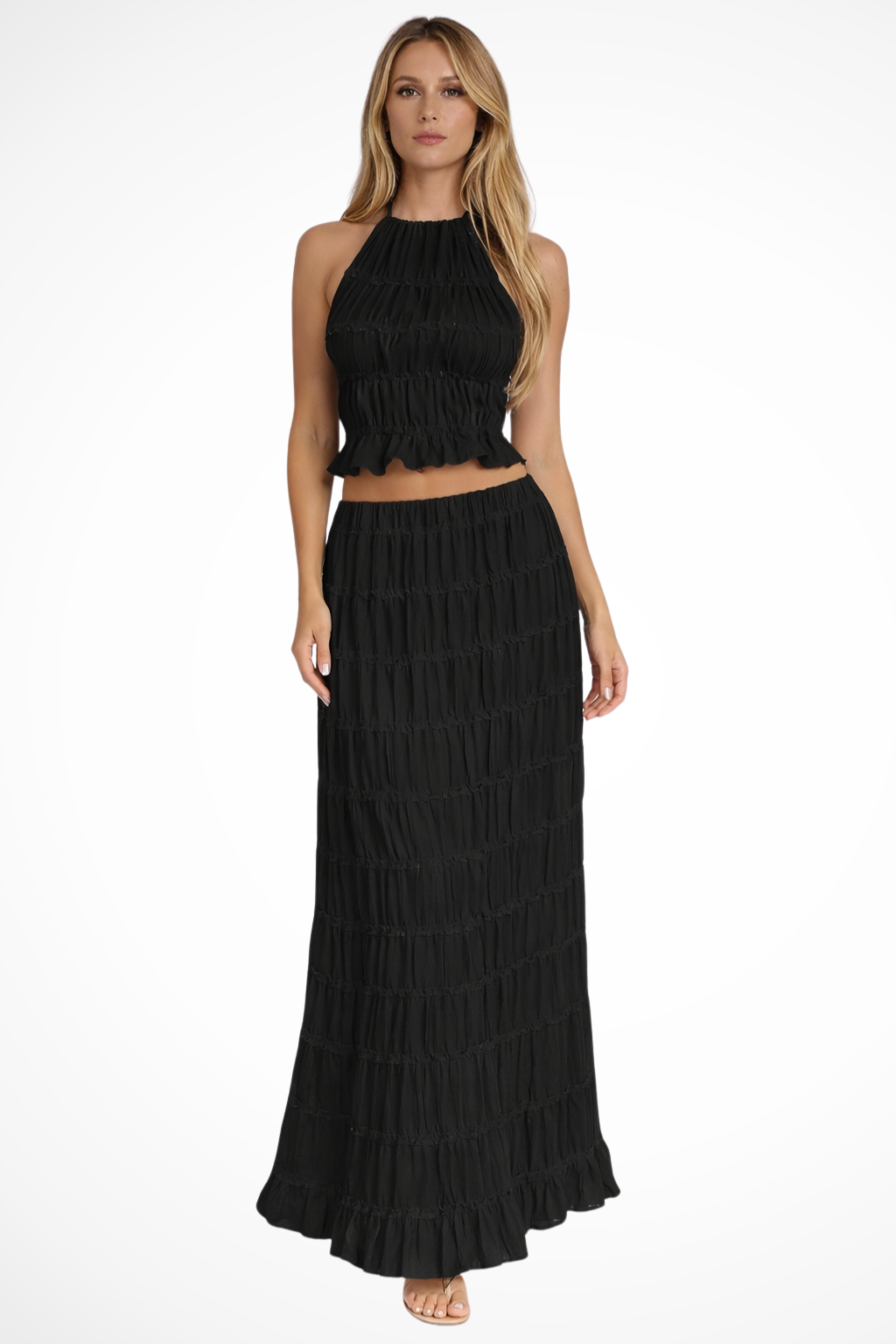 Women's Ruched Halter Crop Top and Maxi Skirt Set – Two-Piece Summer Co-Ord Outfit