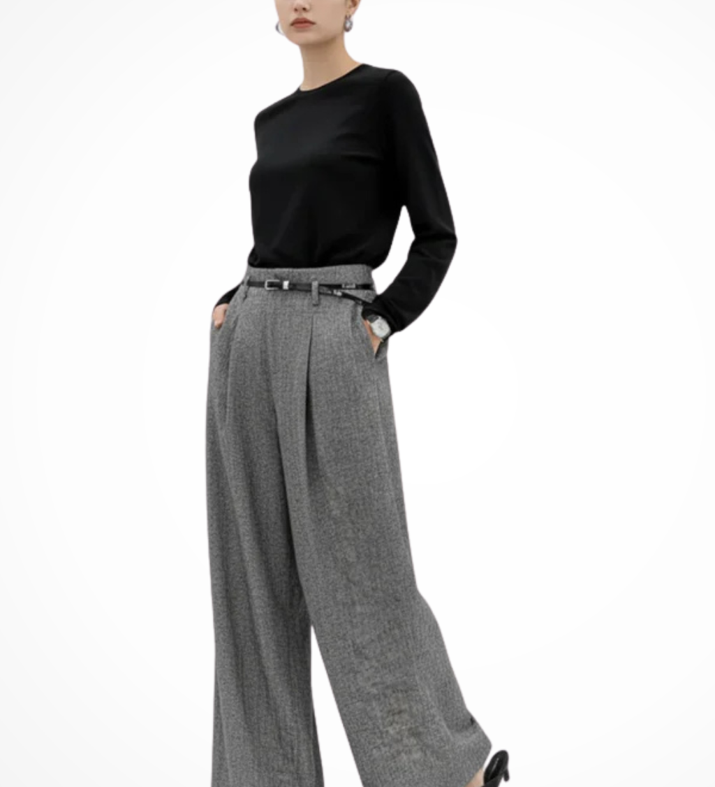 Women's Pleated Wide Leg Work Pants – High Waist Tailored Pants with Belt