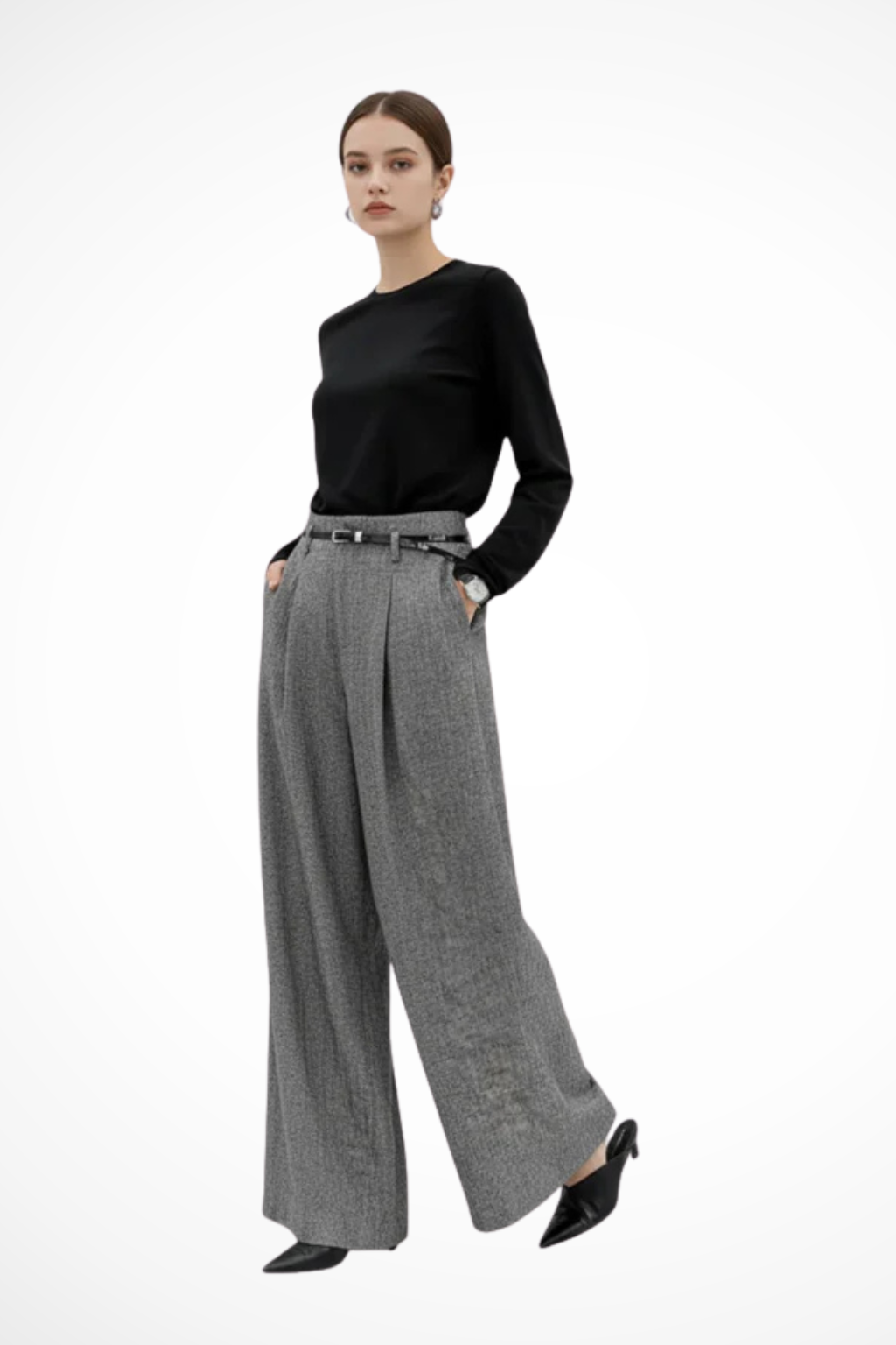 Women's Pleated Wide Leg Work Pants – High Waist Tailored Pants with Belt