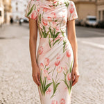 Women's Floral Cowl Neck Bodycon Midi Dress – Fitted Evening and Occasion Dress
