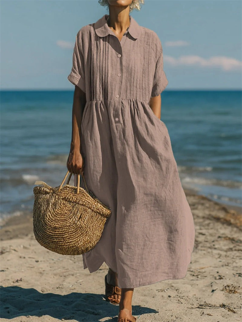 Women's Pintuck Linen-Look Maxi Shirt Dress – Relaxed Summer Dress for Beach, Brunch & Holidays