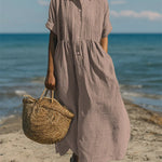 Women's Pintuck Linen-Look Maxi Shirt Dress – Relaxed Summer Dress for Beach, Brunch & Holidays