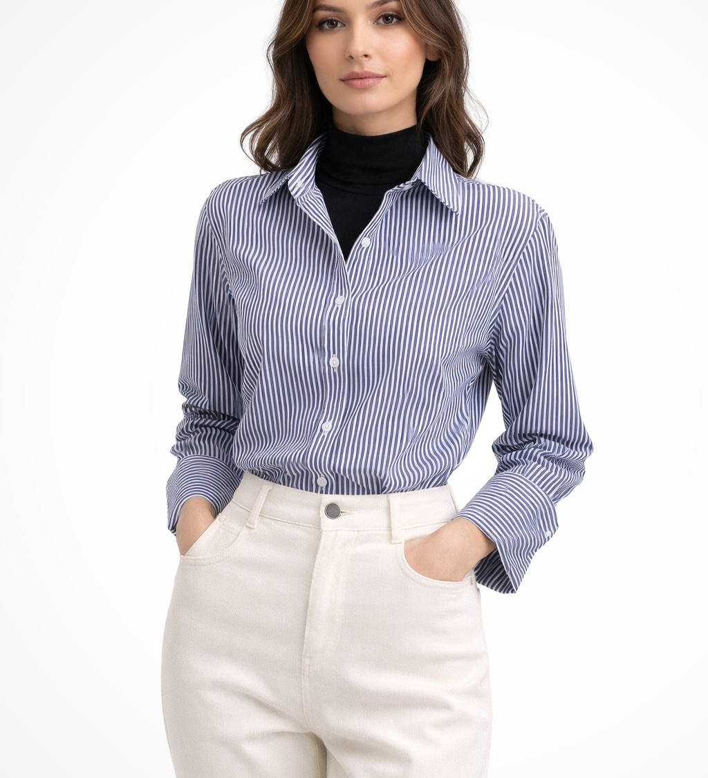 Women's Striped Button-Down Long Sleeve Blouse – Collared Shirt for Work and Weekend