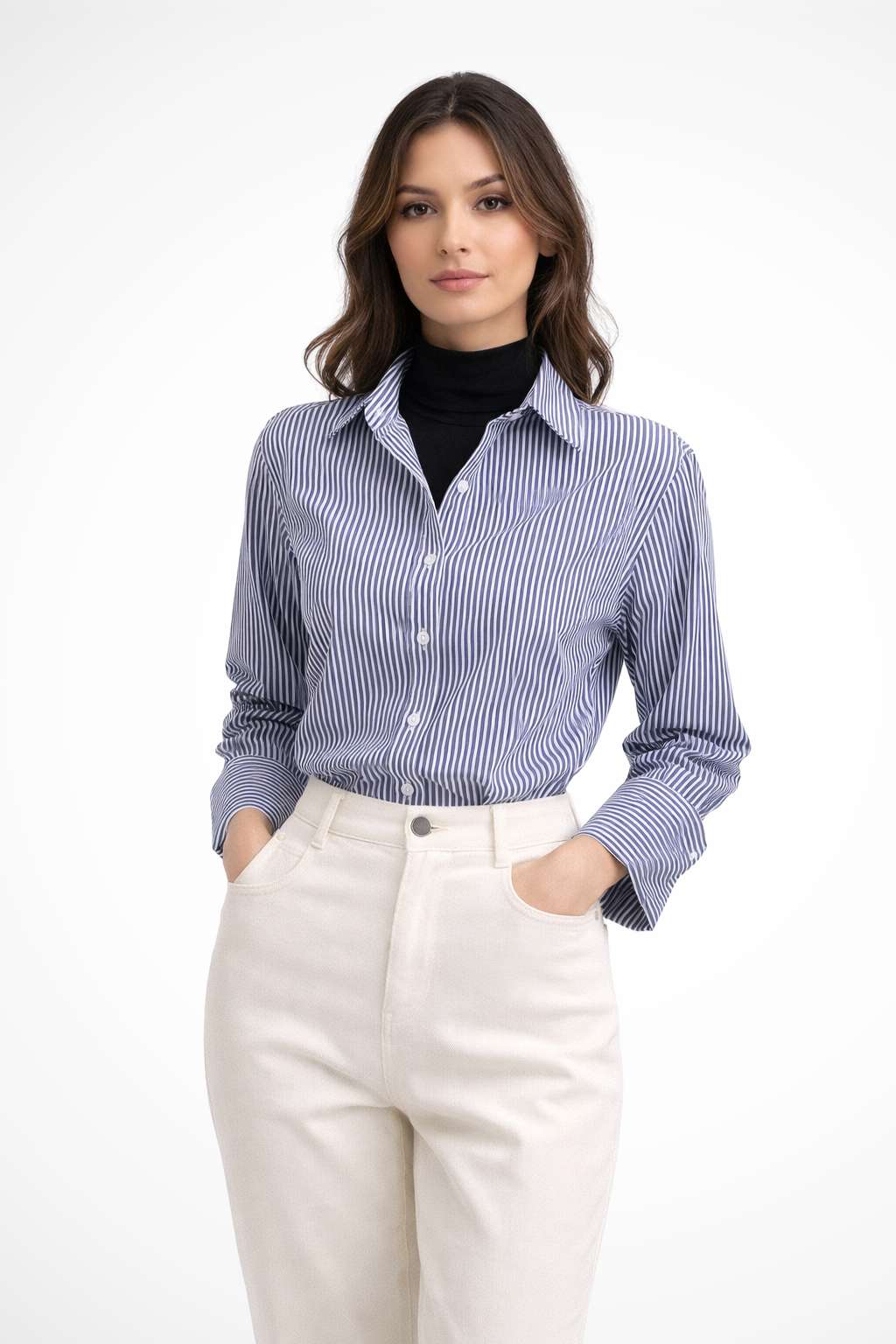 Women's Striped Button-Down Long Sleeve Blouse – Collared Shirt for Work and Weekend
