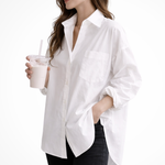 Women's White Oversized Button-Down Blouse – Long Sleeve Shirt with Chest Pocket