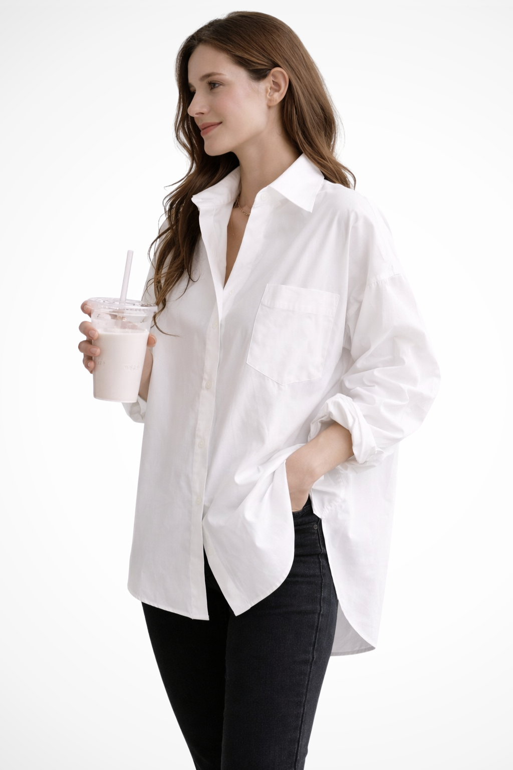 Women's White Oversized Button-Down Blouse – Long Sleeve Shirt with Chest Pocket