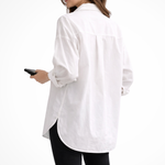 Women's White Oversized Button-Down Blouse – Long Sleeve Shirt with Chest Pocket