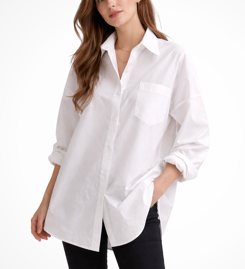 Women's White Oversized Button-Down Blouse – Long Sleeve Shirt with Chest Pocket