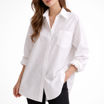 Women's White Oversized Button-Down Blouse – Long Sleeve Shirt with Chest Pocket