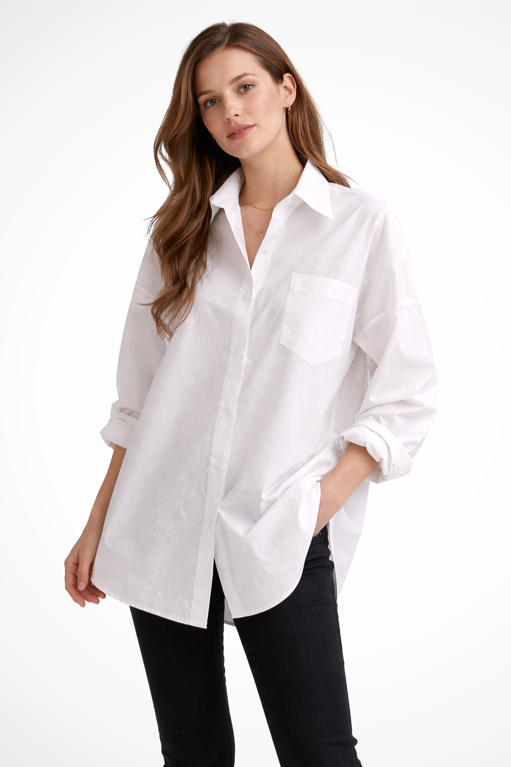 Women's White Oversized Button-Down Blouse – Long Sleeve Shirt with Chest Pocket