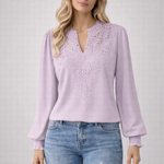 Women's Lace Applique V Neck Blouse with Balloon Sleeves – Dobby Chiffon Occasion Top