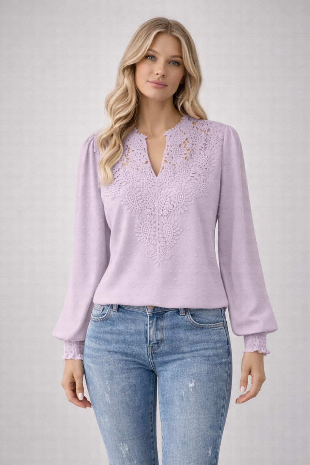 Women's Lace Applique V Neck Blouse with Balloon Sleeves – Dobby Chiffon Occasion Top
