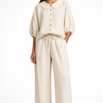 Women's Linen Co-Ord Set with Peter Pan Collar Blouse & Wide Leg Pants – Two-Piece Outfit